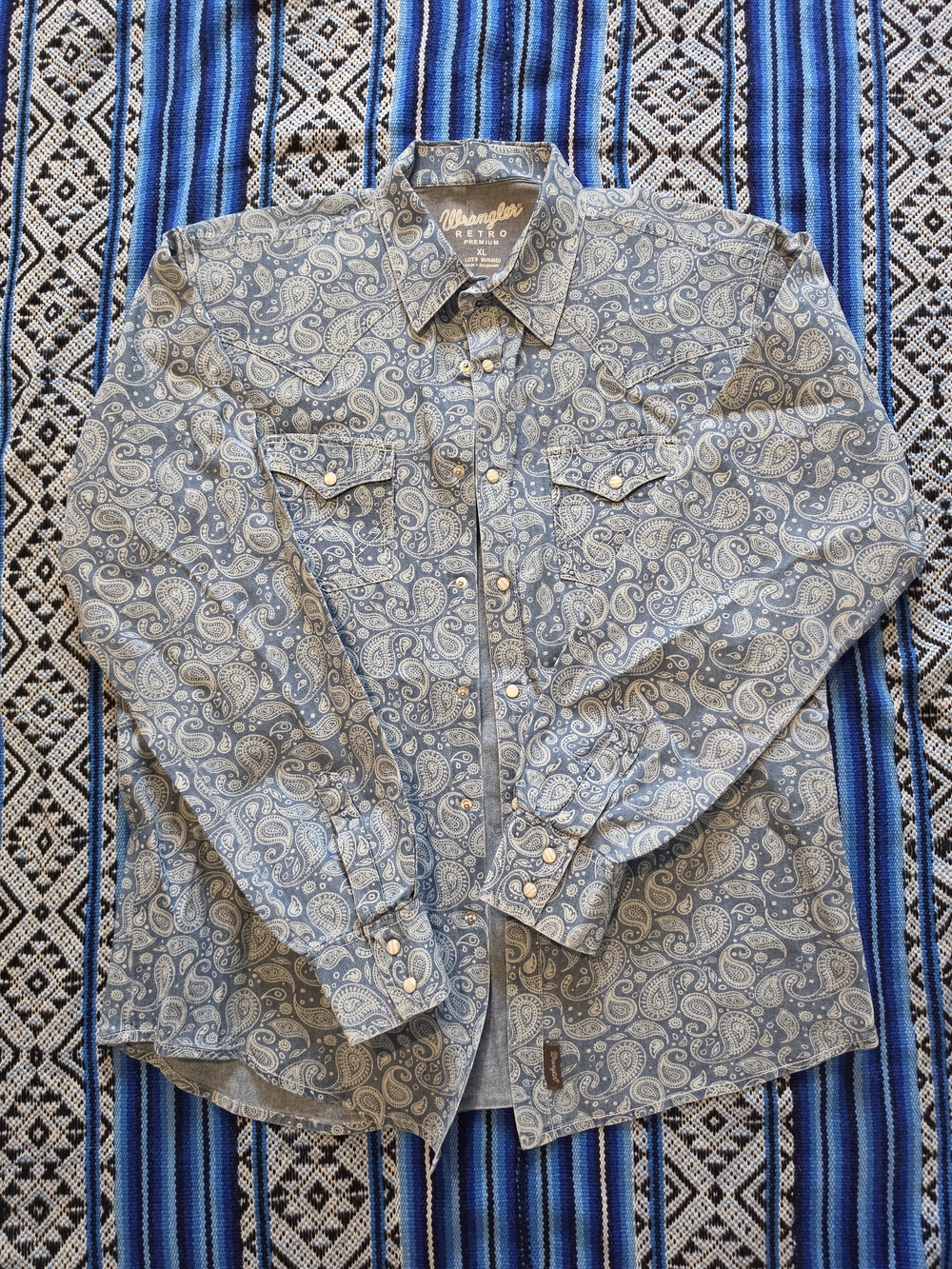 Wrangler Retro Premium Blue Paisley Western Pearl Snap Shirt Long Sleeve XL